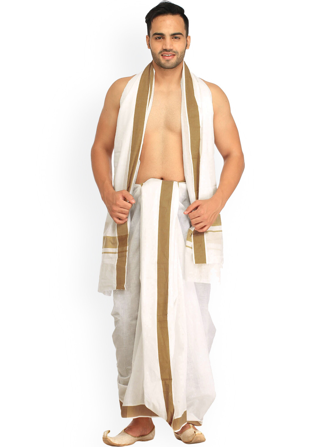 

Exotic India Doe Pure Cotton Dhoti and Angavastram Set with Woven Border, White