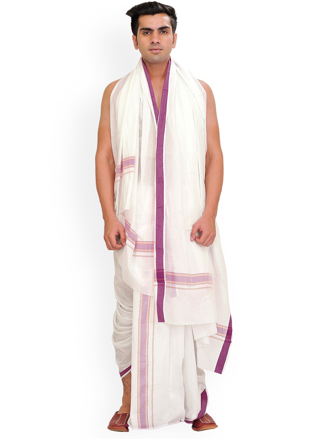 

Exotic India Festival Fuchsia Pure Cotton Dhoti and Angavastram Set with Woven Border, White