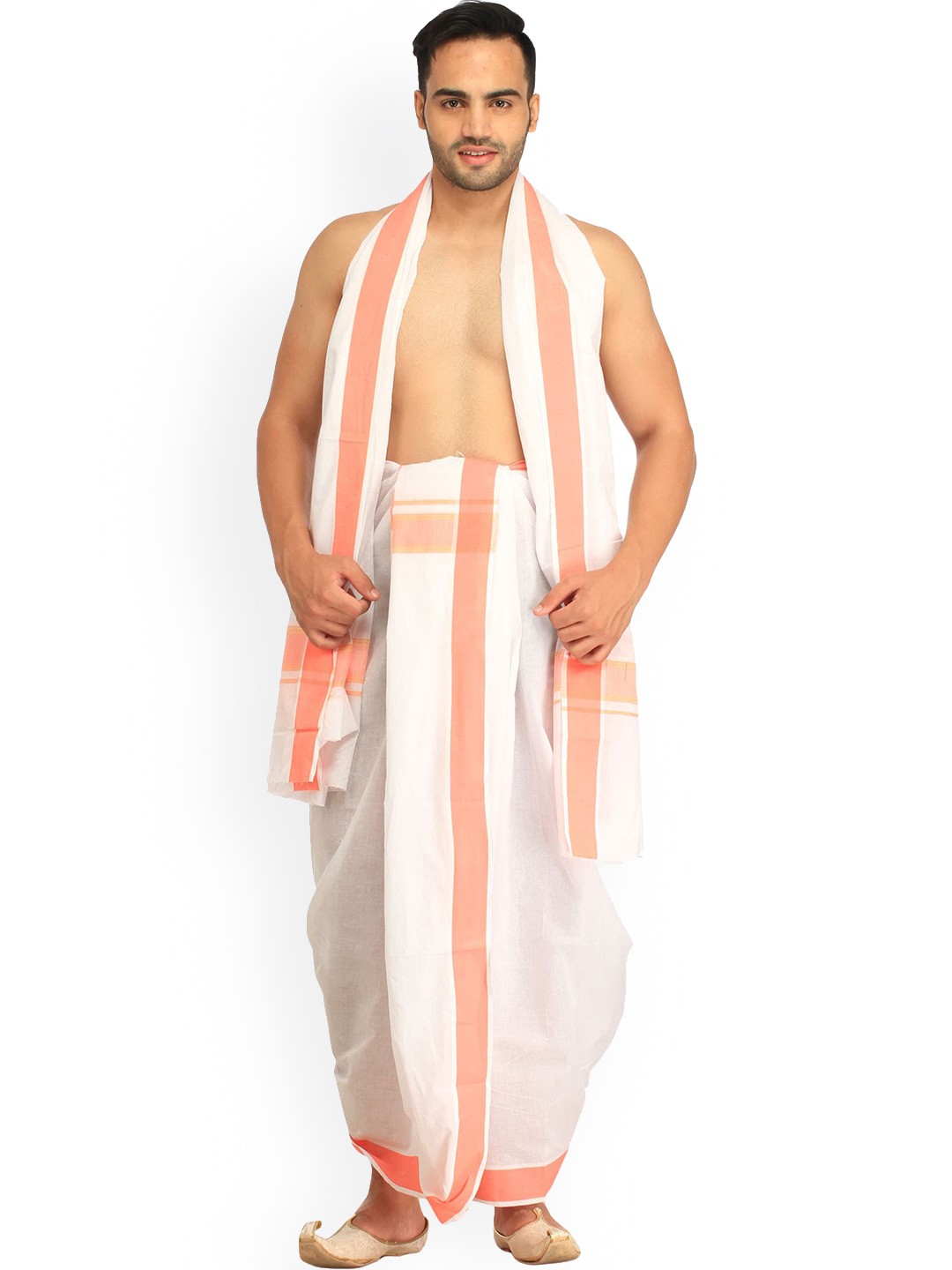 

Exotic India Desert Flower Pure Cotton Dhoti and Angavastram Set with Woven Border, White