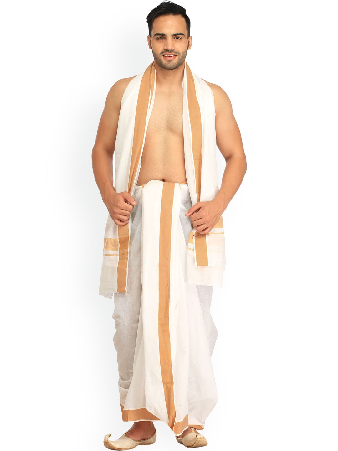 

Exotic India Pure Cotton Beige Dhoti and Angavastram Set with Woven Border, Off white