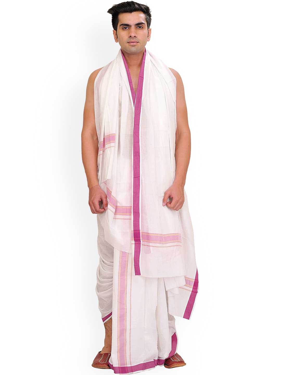 

Exotic India Grape Nectar Pure Cotton Dhoti and Angavastram Set with Woven Border, White