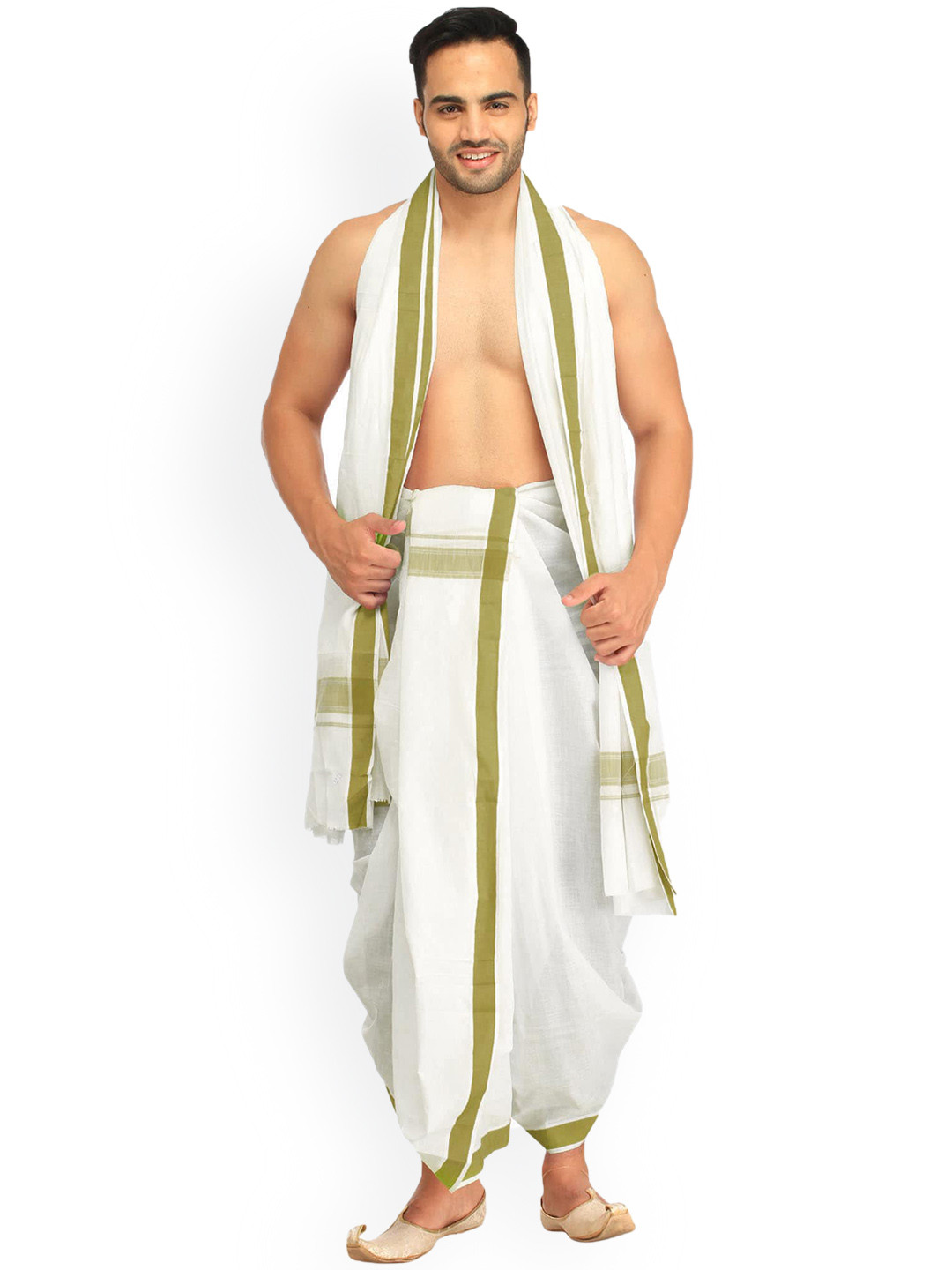 

Exotic India Pure Cotton Woven Border Dhotis With Angavastram, White