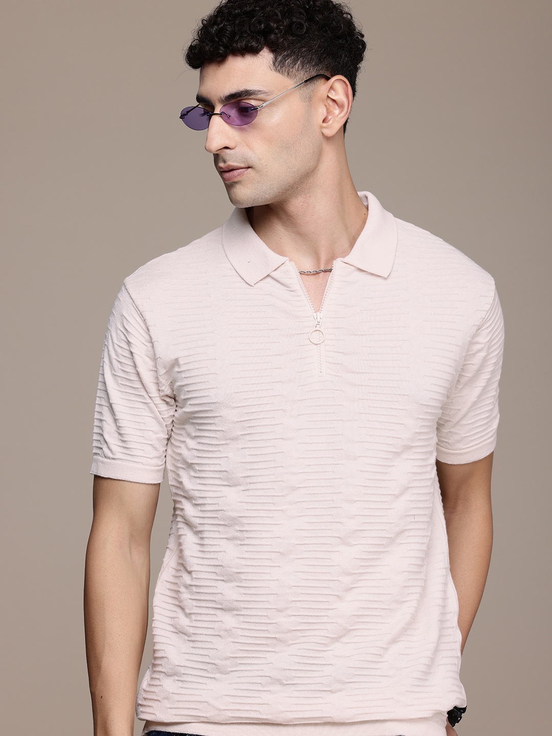 

Roadster Men Polo Collar T-shirt, Cream