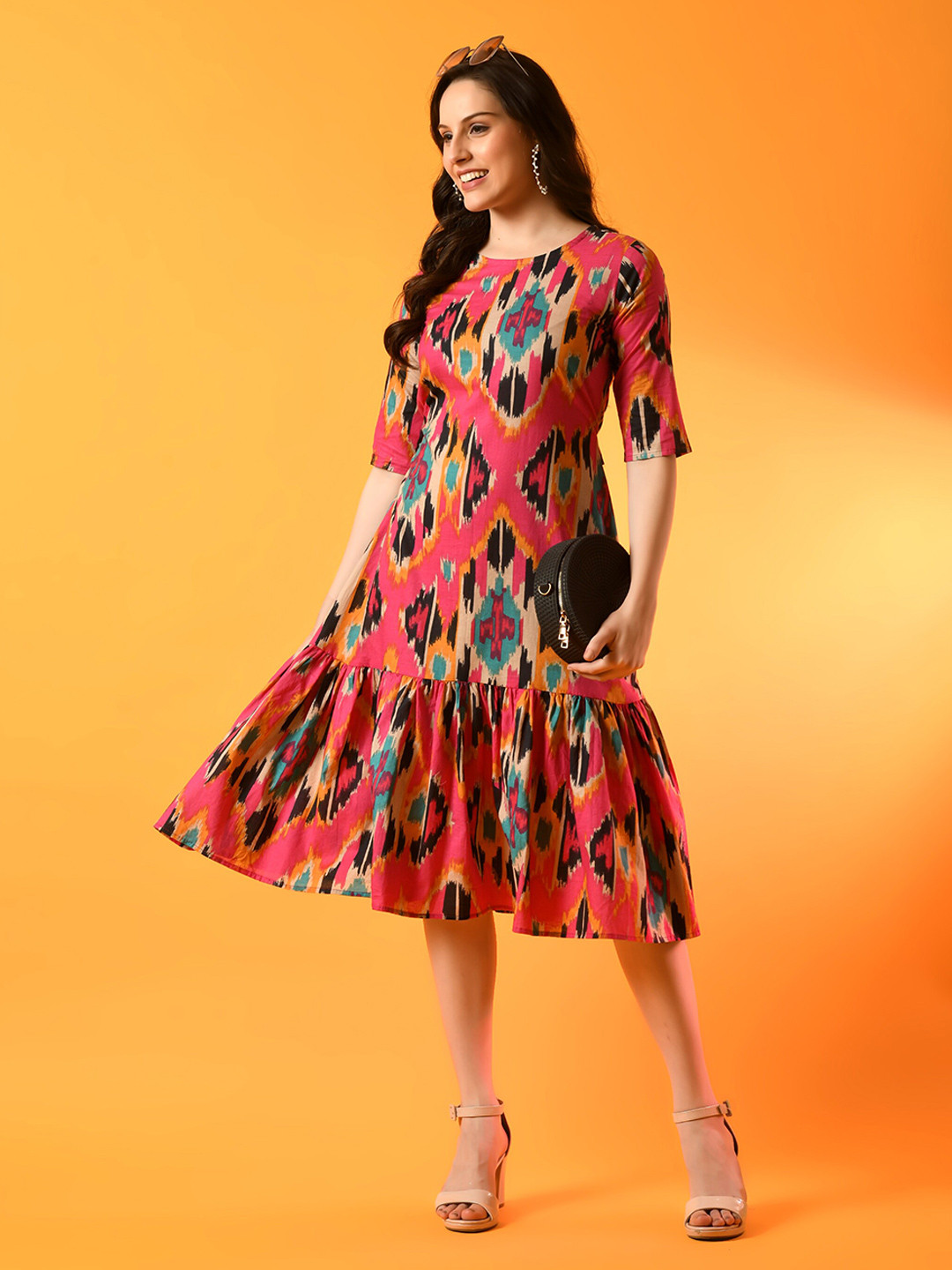 

ANNSH APPAREL Abstract Printed A-Line Midi Dress, Red