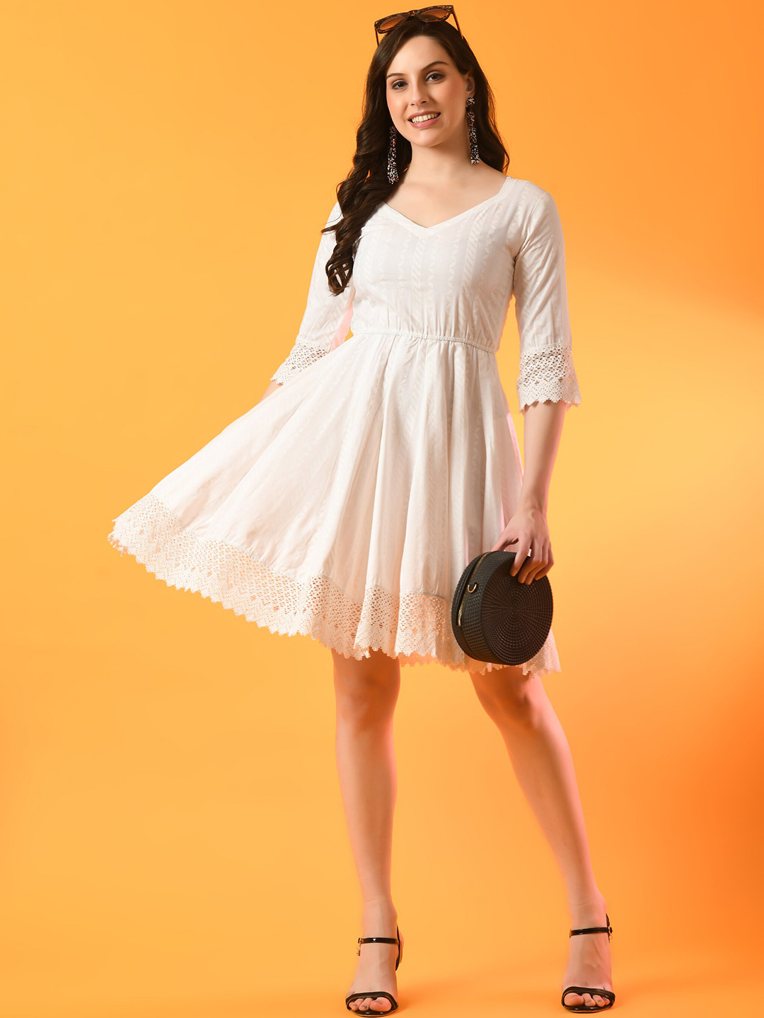 

ANNSH APPAREL Geometric Printed V-Neck Fit & Flare Dress, White