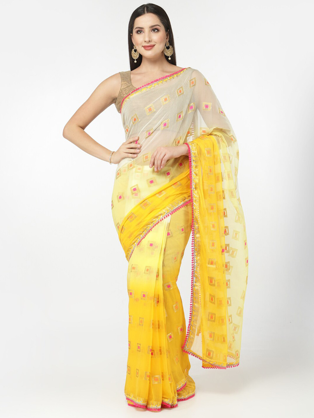 

Kishori Sarees Geometric Woven Design Zari Pure Chiffon Saree, Yellow