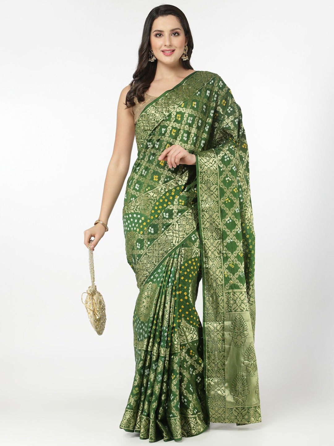 

Kishori Sarees Bandhani Printed Zari Pure Silk Saree, Green