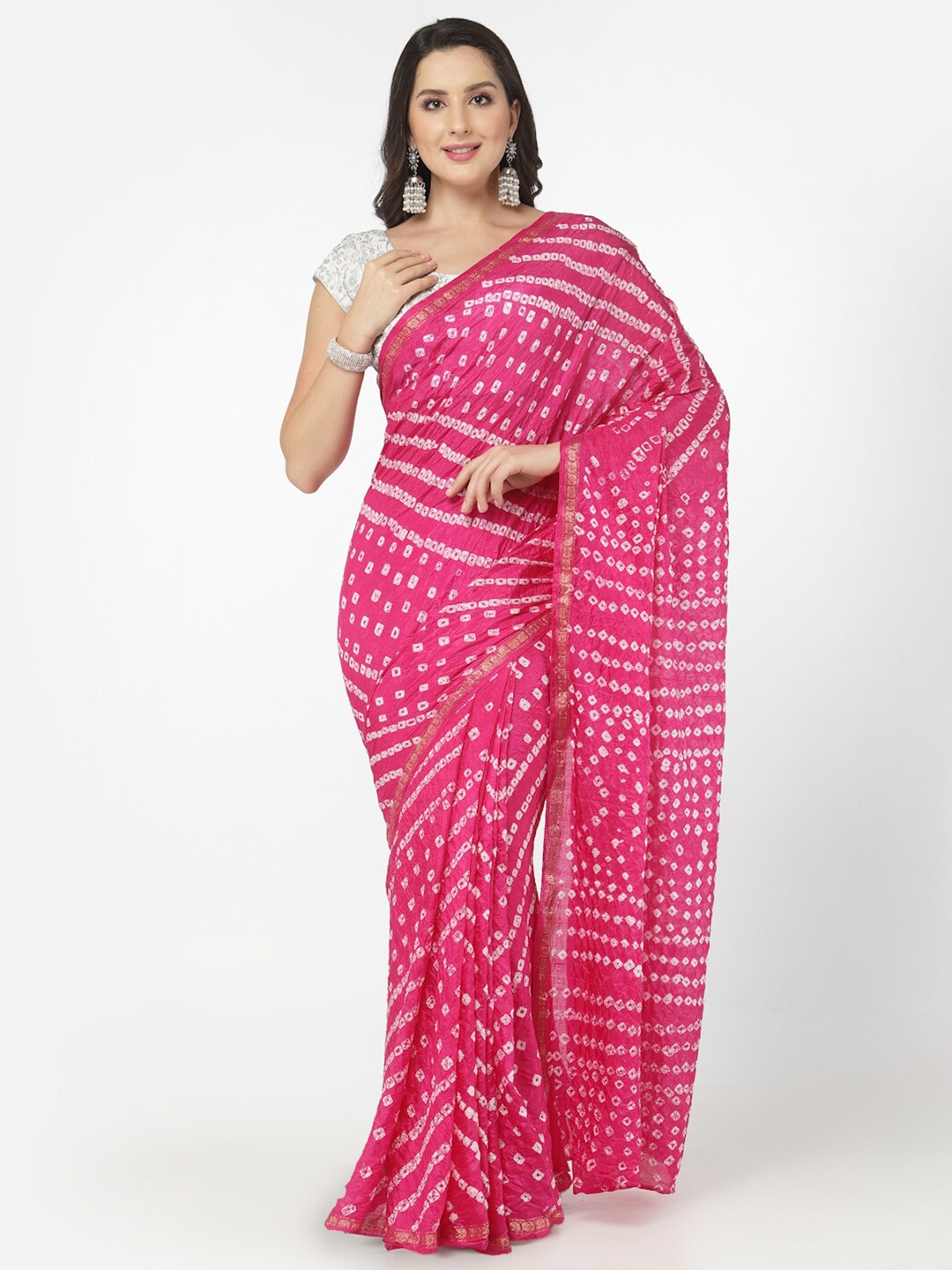 

Kishori Sarees Bandhani Printed Zari Pure Silk Saree, Pink