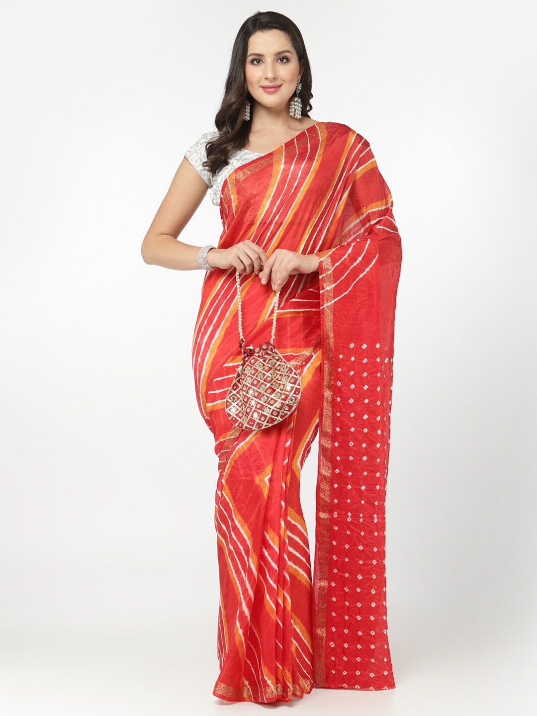 

Kishori Sarees Bandhani Printed Zari Pure Chiffon Saree, Orange
