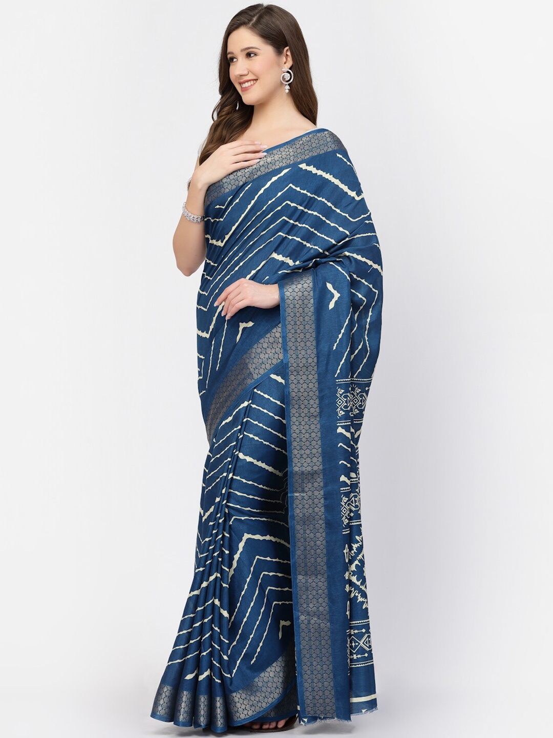 

Kishori Sarees Geometric Printed Zari Pure Cotton Saree, Blue