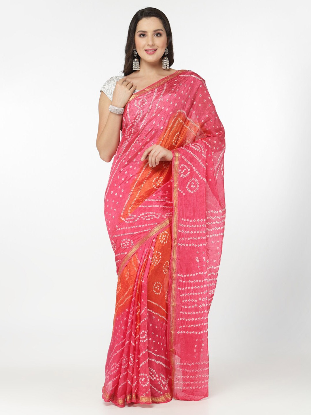 

Kishori Sarees Bandhani Zari Pure Silk Saree, Pink