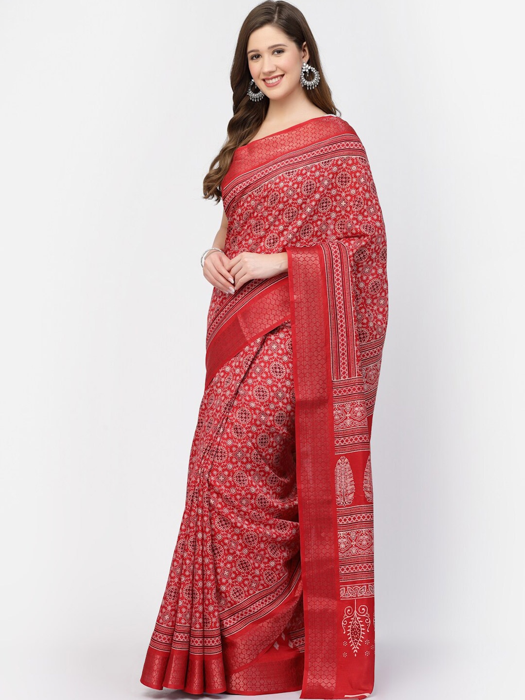 Kishori Sarees Ethnic Motifs Printed Zari Pure Cotton Saree, Red