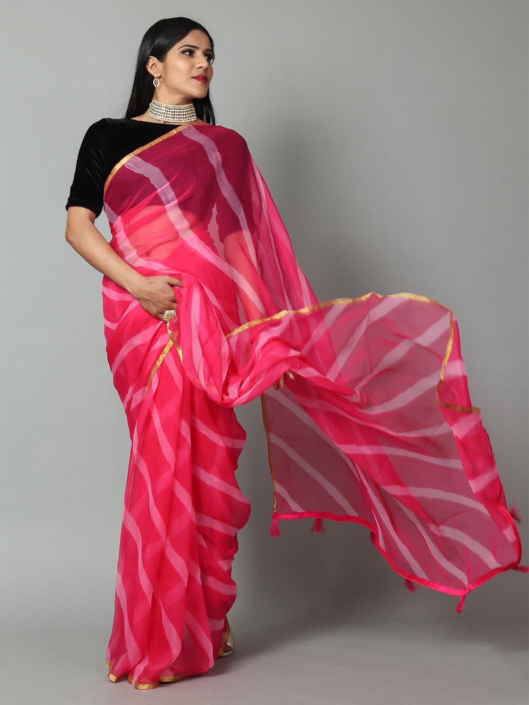 

Kishori Sarees Leheriya Zari Pure Chiffon Saree, Pink