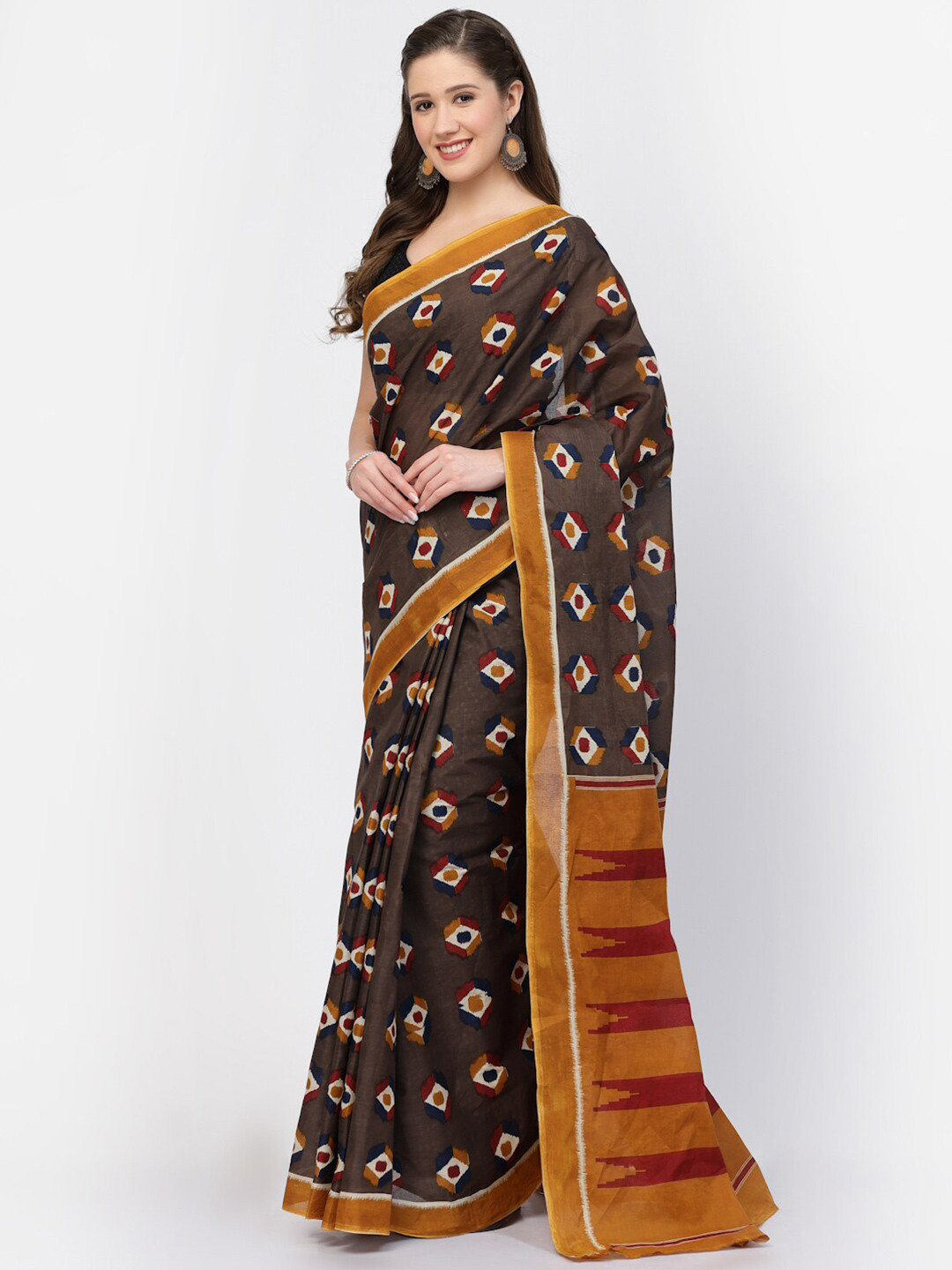 

Kishori Sarees Geometric Printed Pure Cotton Saree, Brown