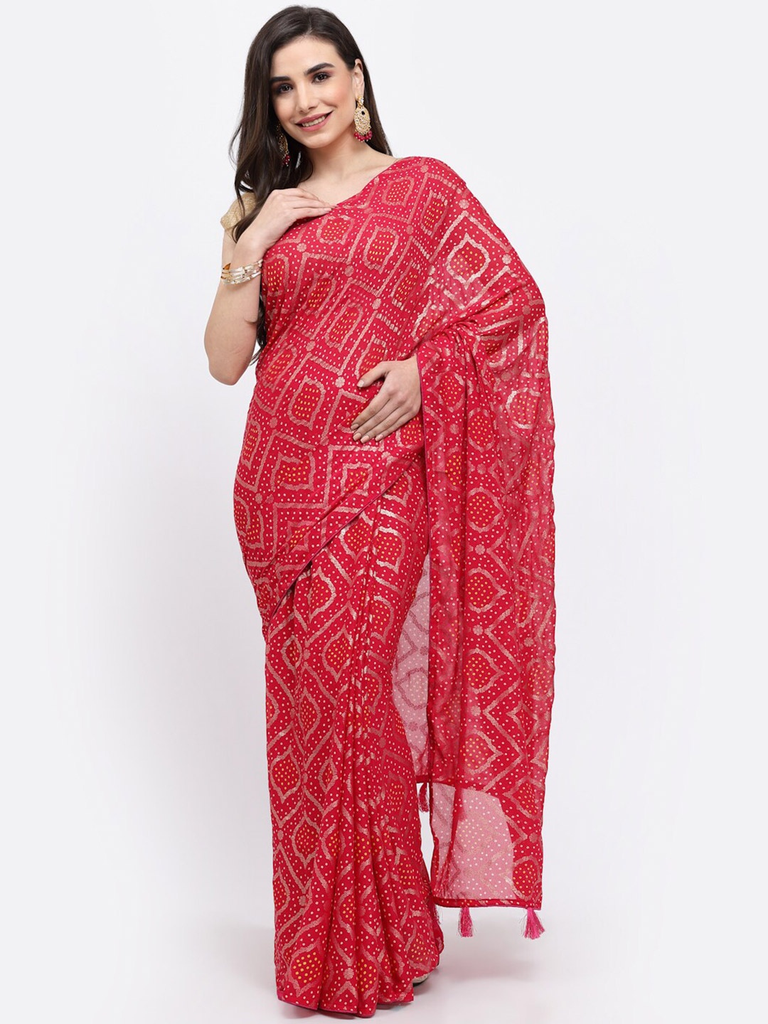 

Kishori Sarees Bandhani Zari Pure Georgette Saree, Pink