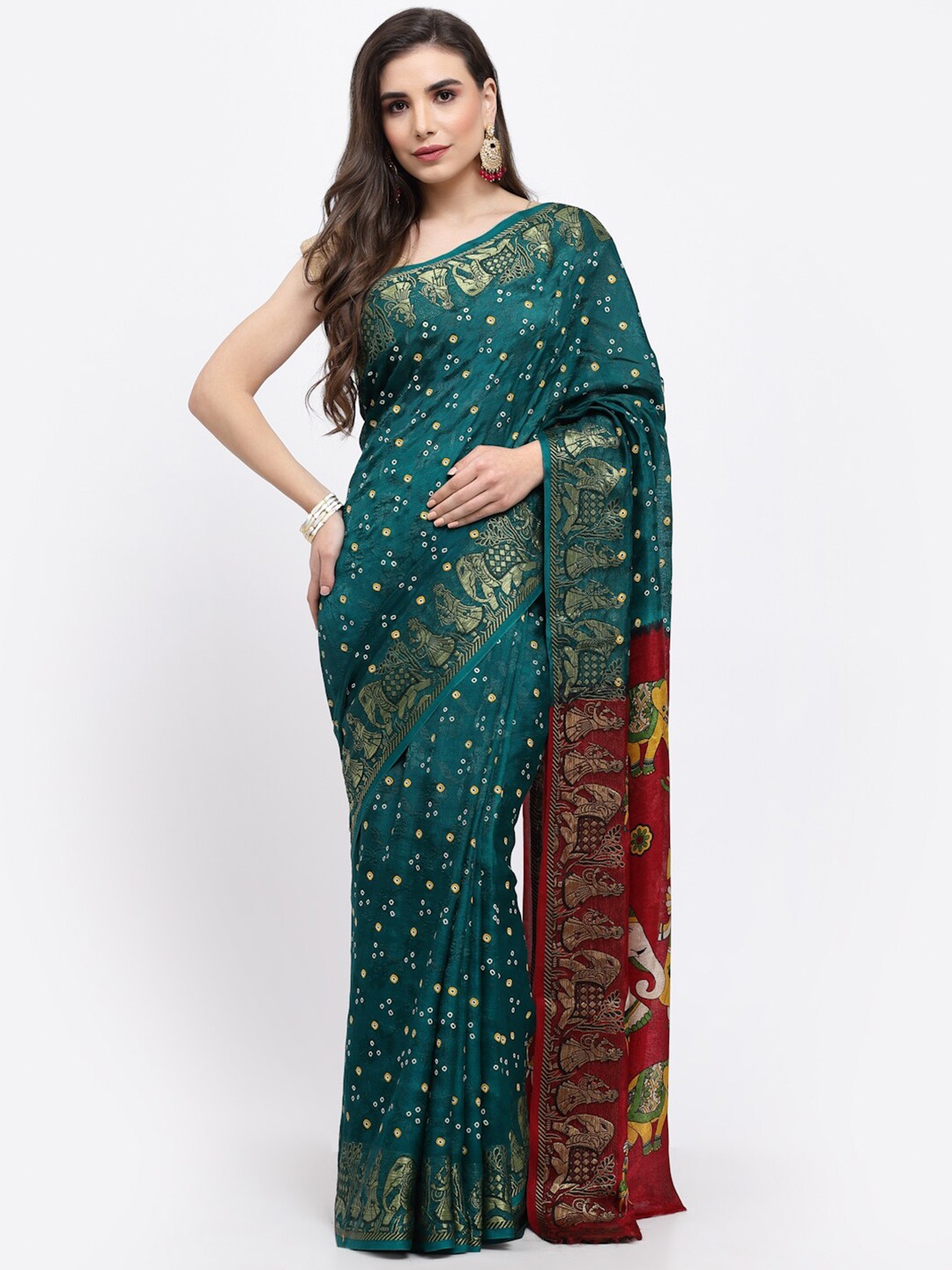 

Kishori Sarees Bandhani Woven Design Zari Pure Silk Saree, Green