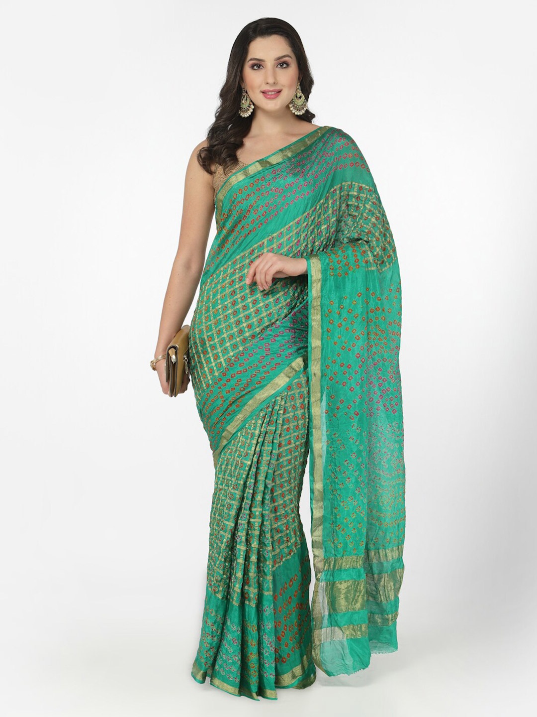 

Kishori Sarees Bandhani Printed Zari Pure Silk Saree, Green