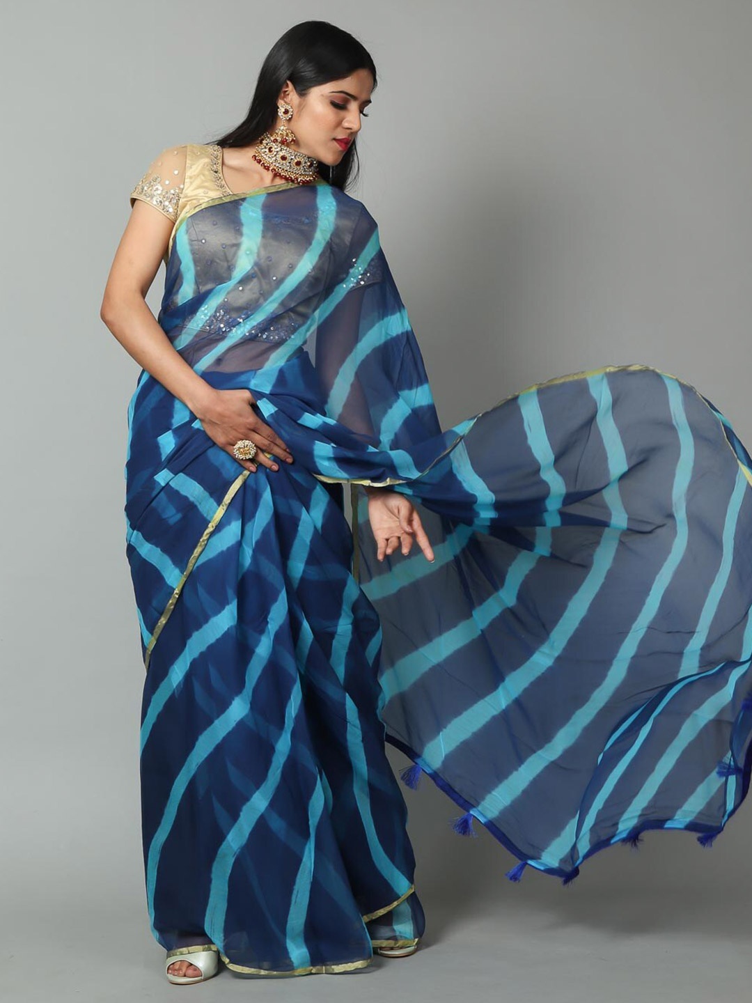 

Kishori Sarees Leheriya Printed Pure Chiffon Saree, Blue