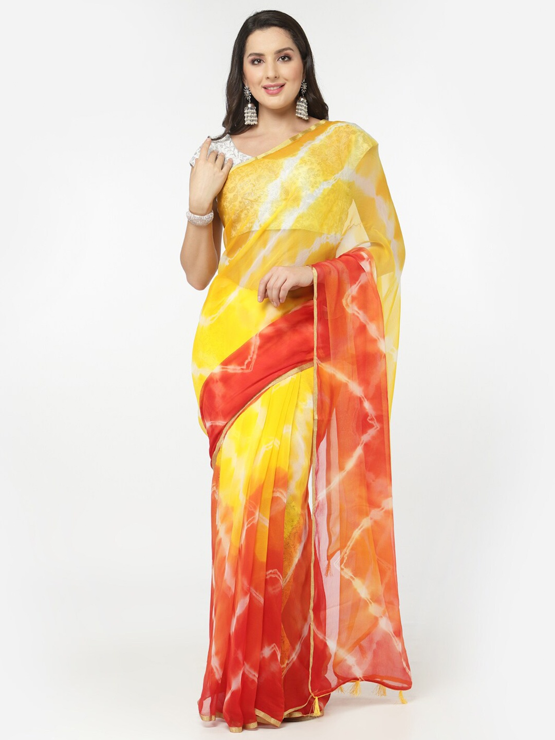 

Kishori Sarees Leheriya Printed Zari Pure Chiffon Saree, Yellow