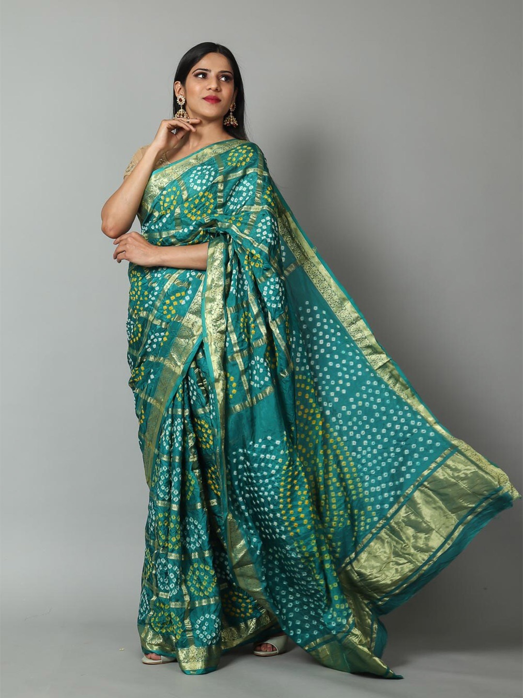 

Kishori Sarees Bandhani Zari Pure Silk Saree, Green