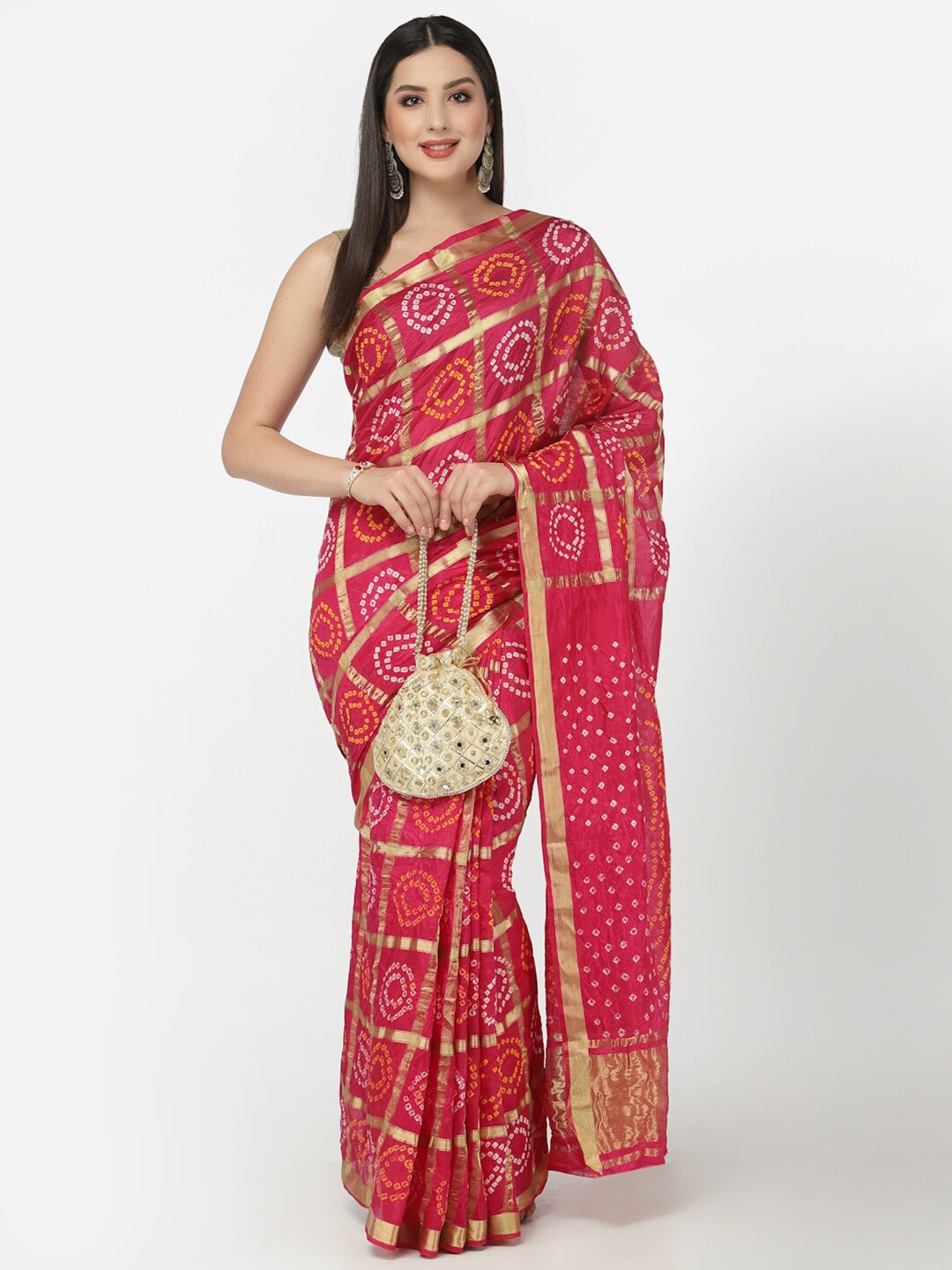 

Kishori Sarees Bandhani Printed Zari Pure Silk Saree, Pink