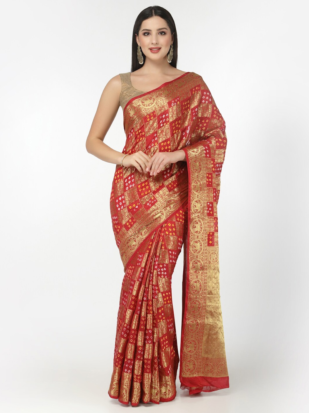 

Kishori Sarees Bandhani Printed Zari Pure Silk Saree, Red