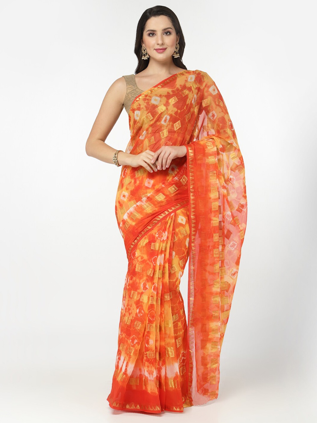 

Kishori Sarees Tie and Dye Zari Pure Chiffon Saree, Orange
