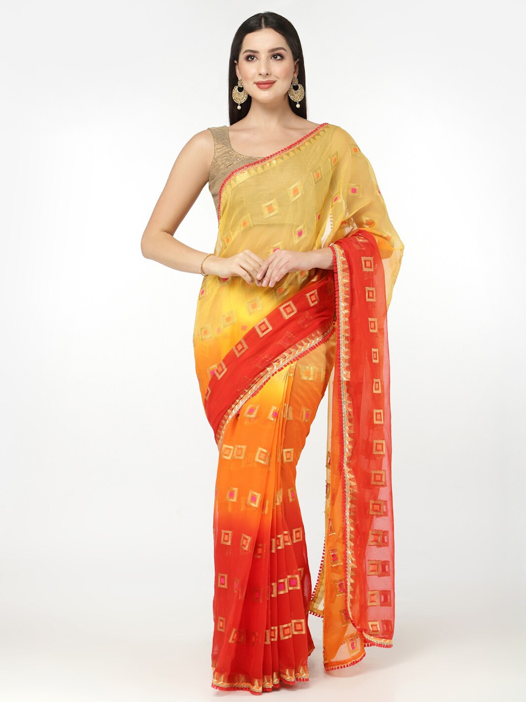 

Kishori Sarees Geometric Woven Design Embellished Zari Pure Chiffon Saree, Yellow