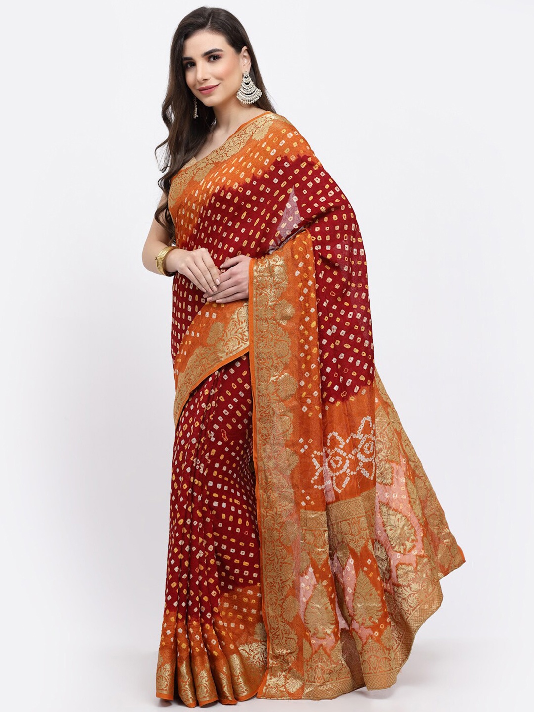 

Kishori Sarees Bandhani Printed Woven Design Zari Pure Silk Saree, Orange