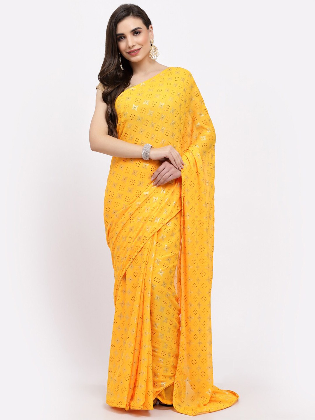 

Kishori Sarees Bandhani Printed Pure Georgette Saree, Yellow