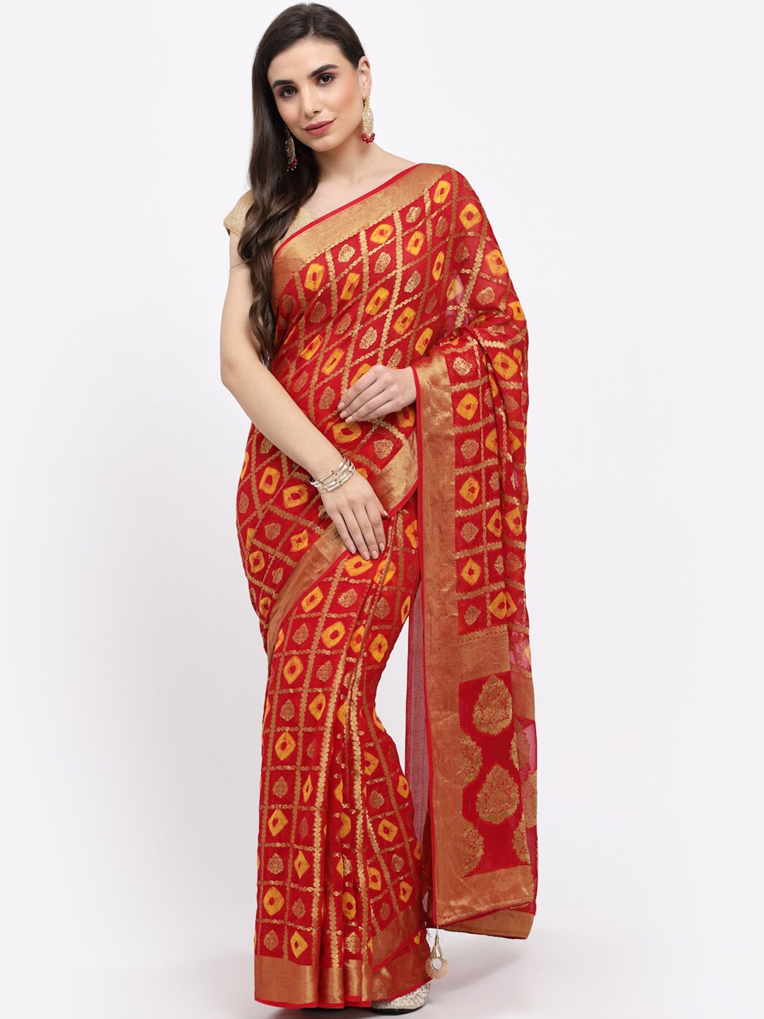 

Kishori Sarees Bandhani Printed Zari Pure Silk Saree, Red