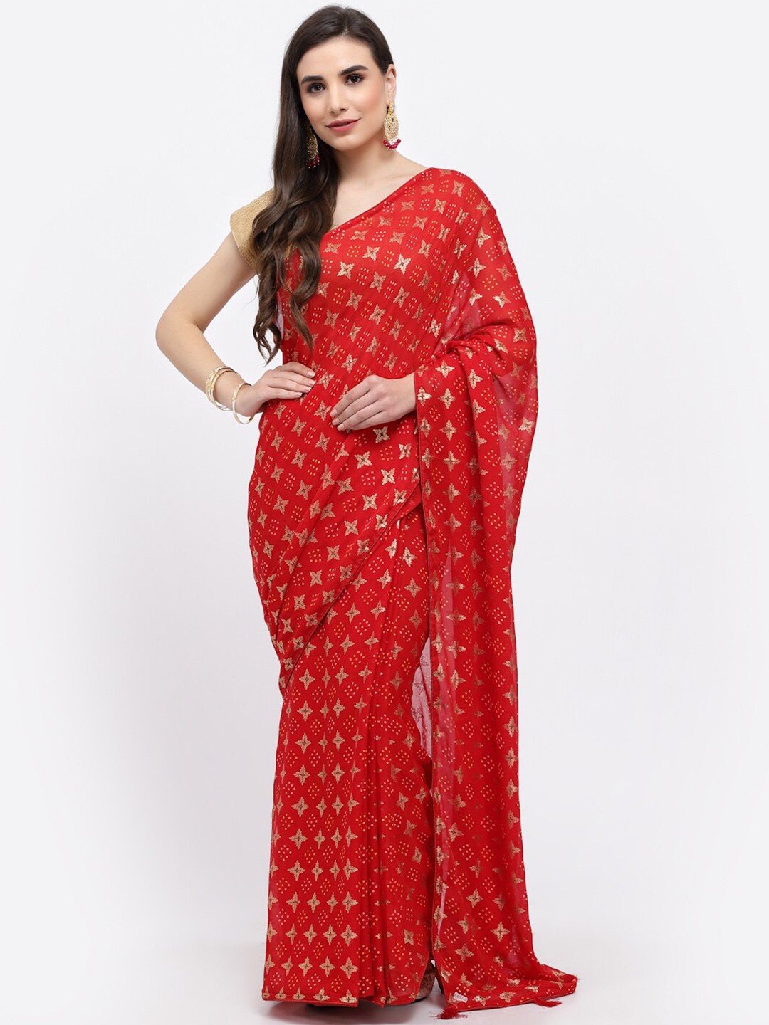 

Kishori Sarees Bandhani Printed Zari Pure Georgette Saree, Red