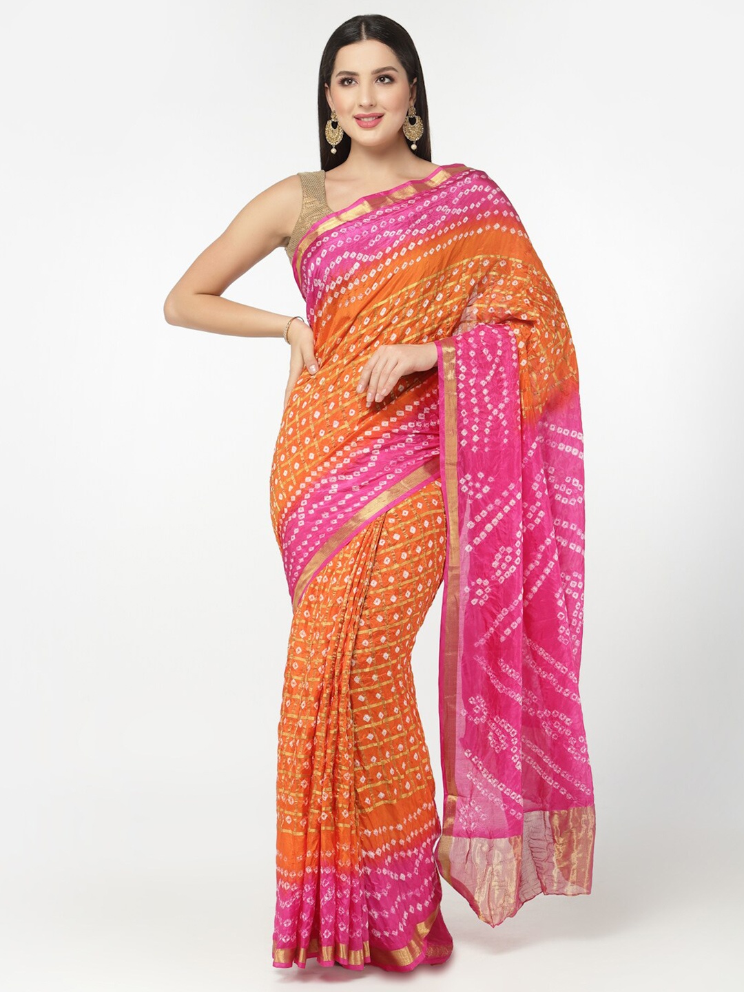 

Kishori Sarees Bandhani Printed Zari Pure Silk Saree, Orange