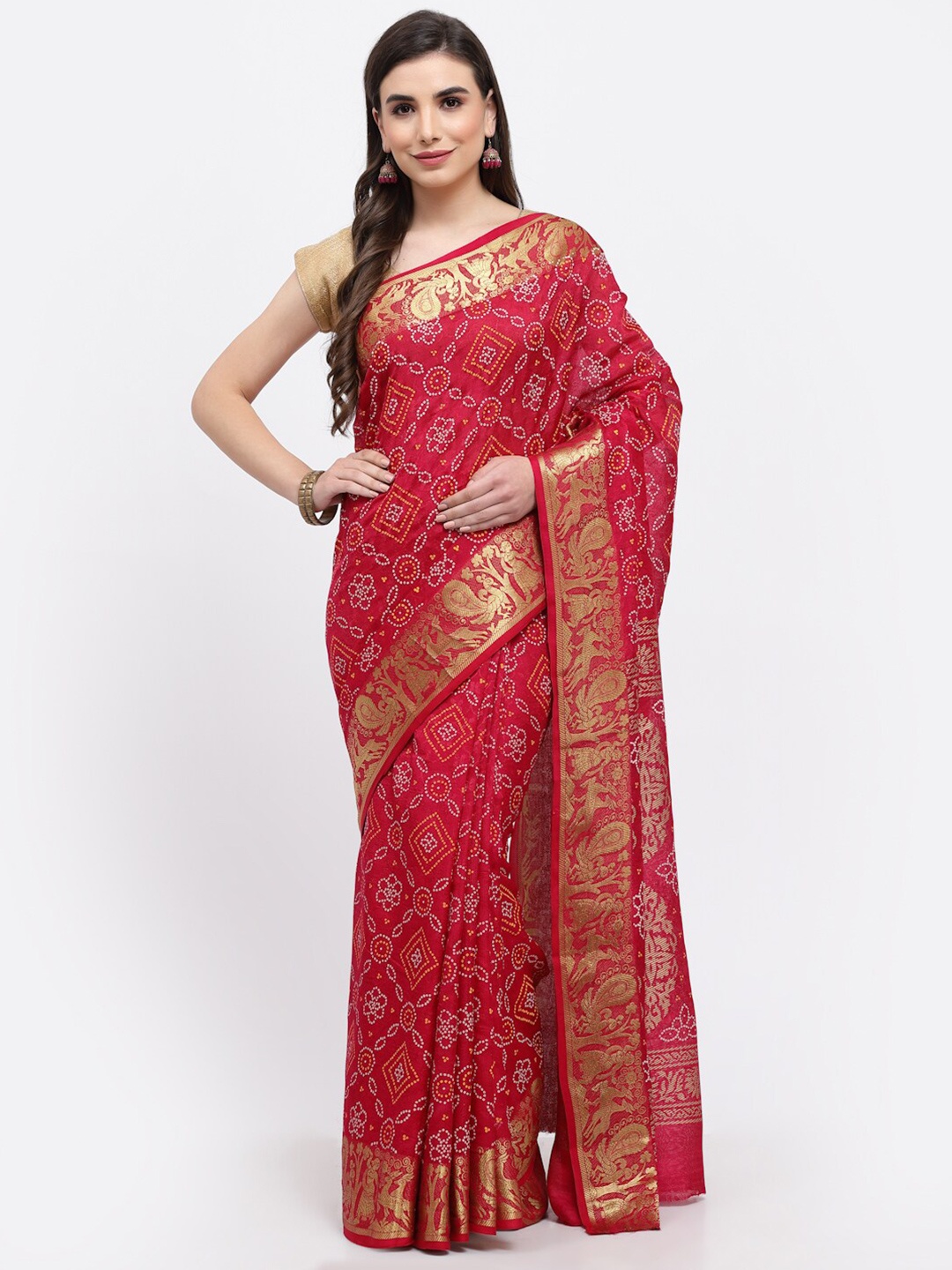 

Kishori Sarees Bandhani Printed Zari Pure Silk Saree, Pink