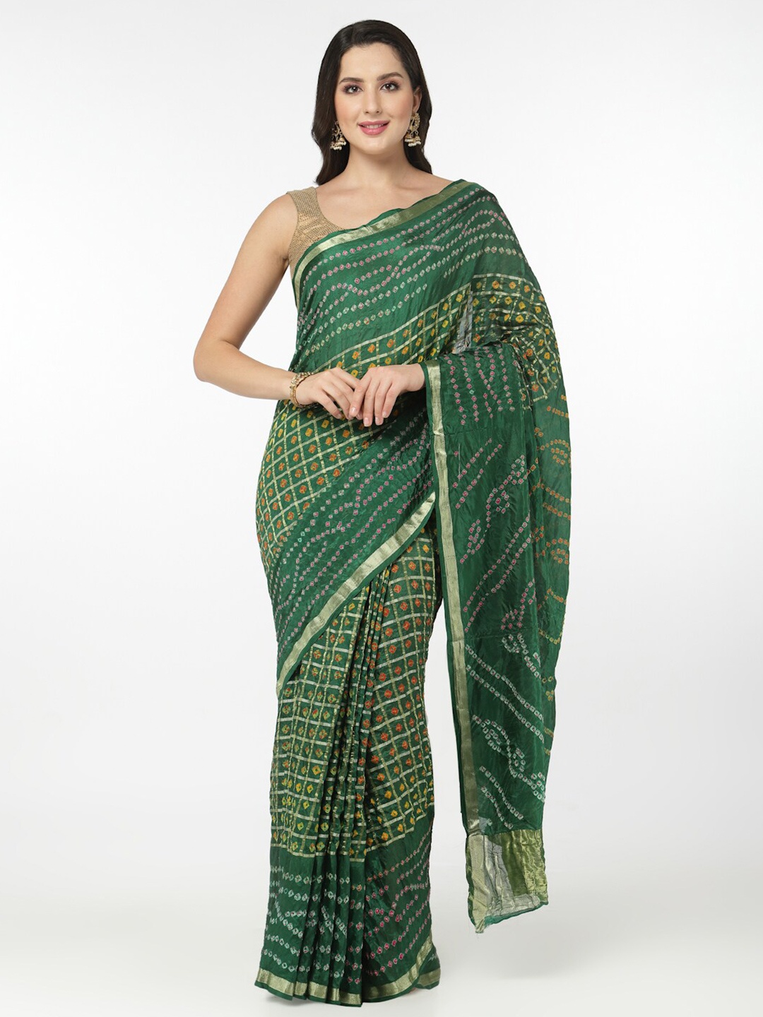 

Kishori Sarees Bandhani Zari Pure Silk Saree, Green