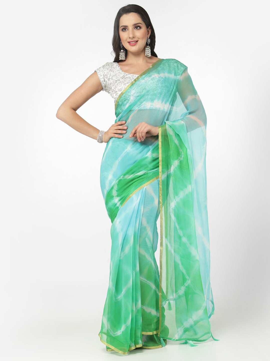 

Kishori Sarees Leheriya Printed Zari Pure Chiffon Saree, Green