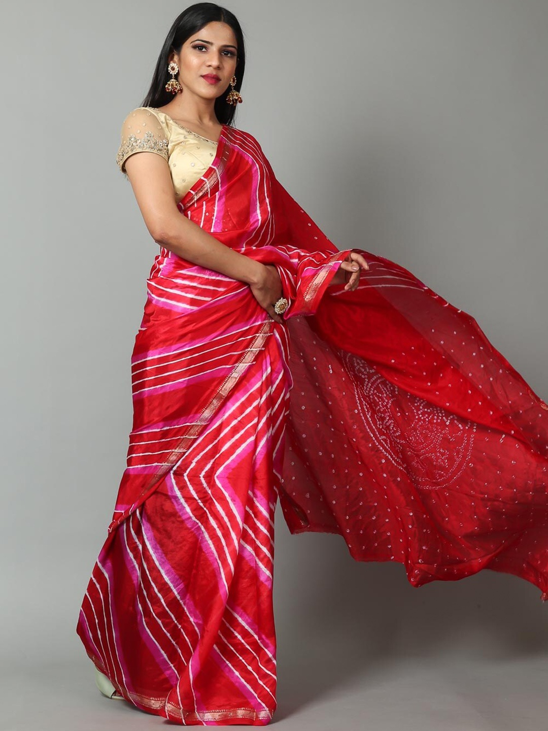 

Kishori Sarees Leheriya Zari Pure Crepe Saree, Red