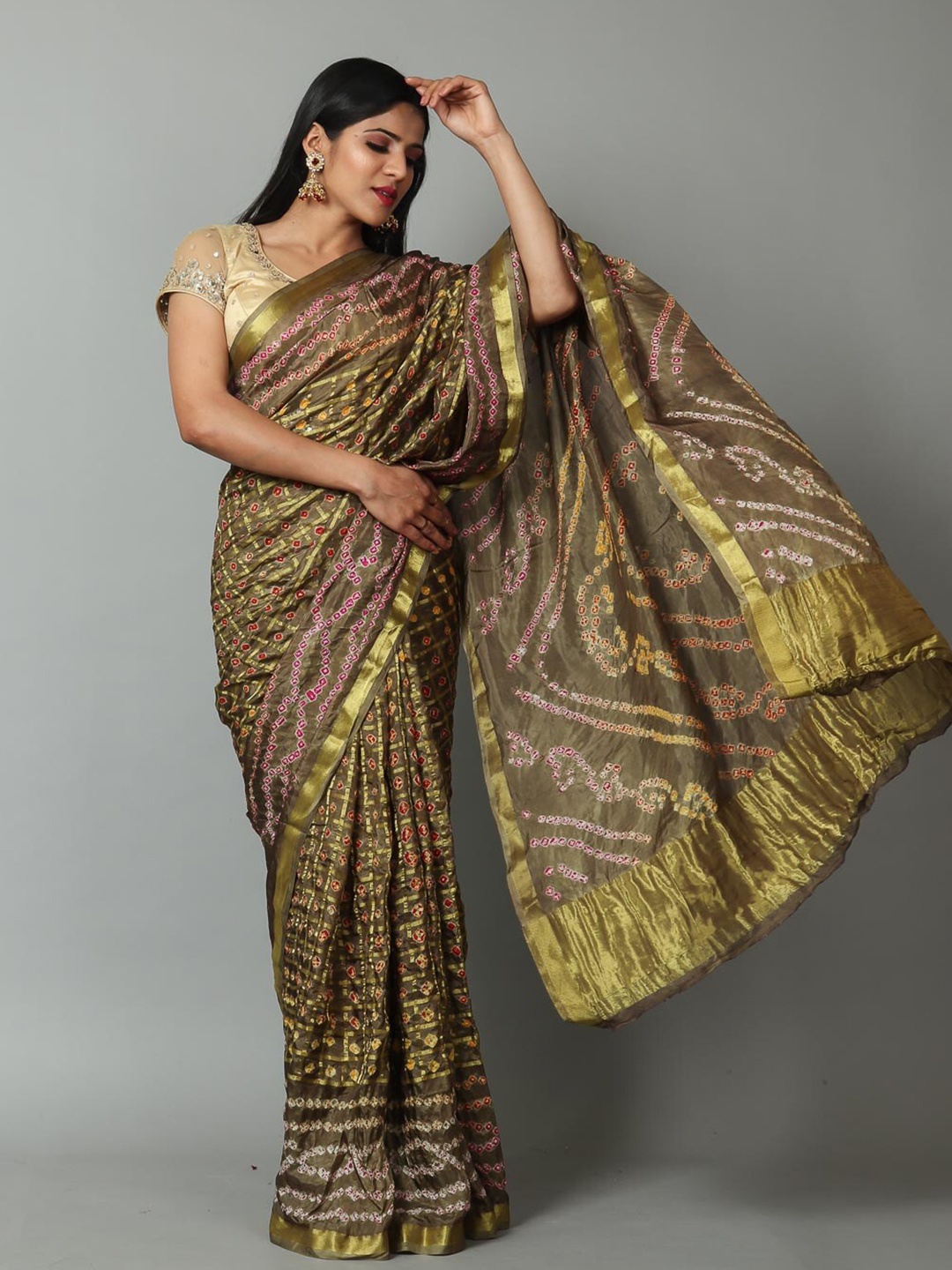 

Kishori Sarees Bandhani Zari Pure Silk Saree, Green
