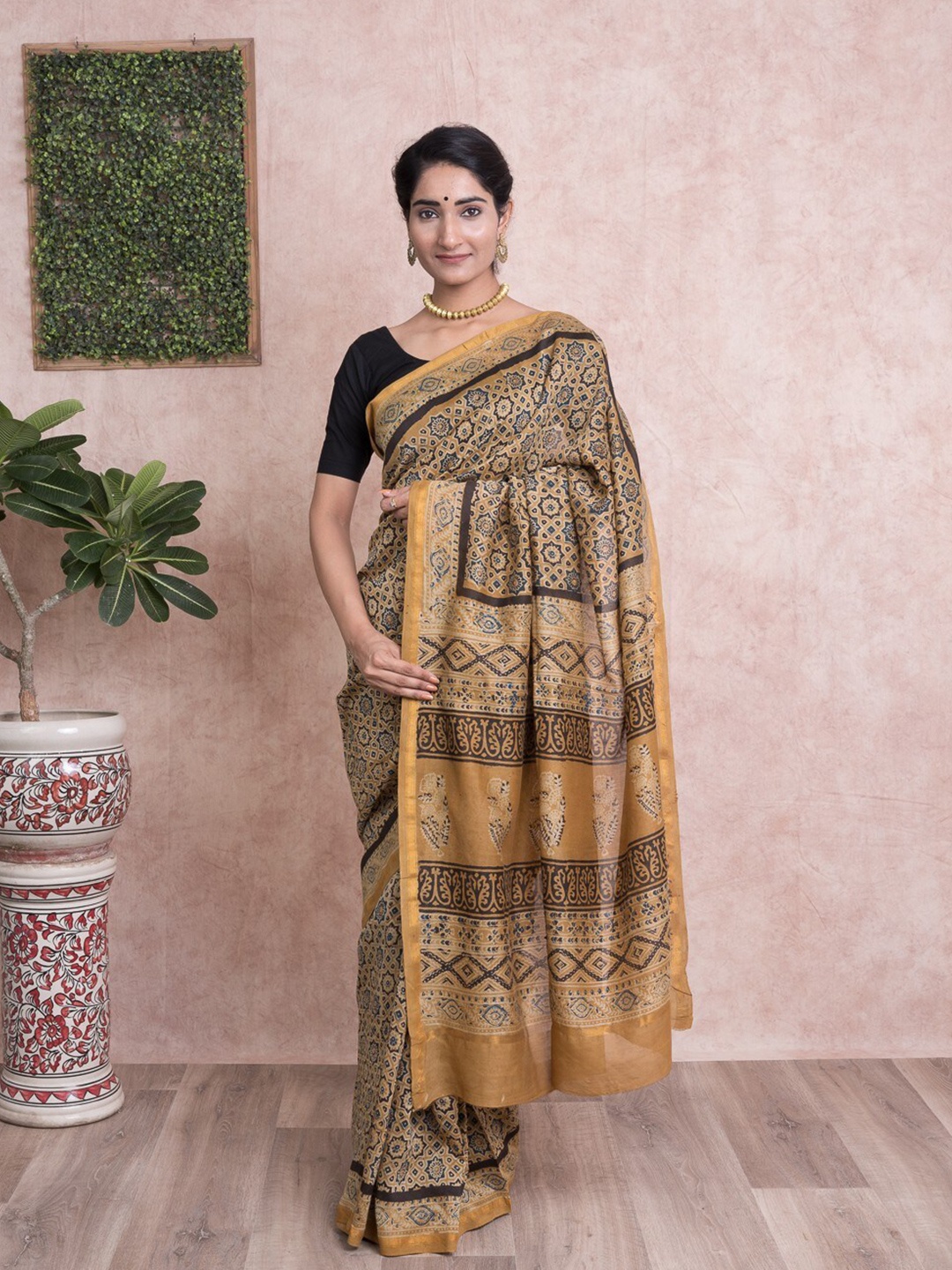 

Kishori Sarees Ajrak Block Printed Silk Blend Saree, Yellow