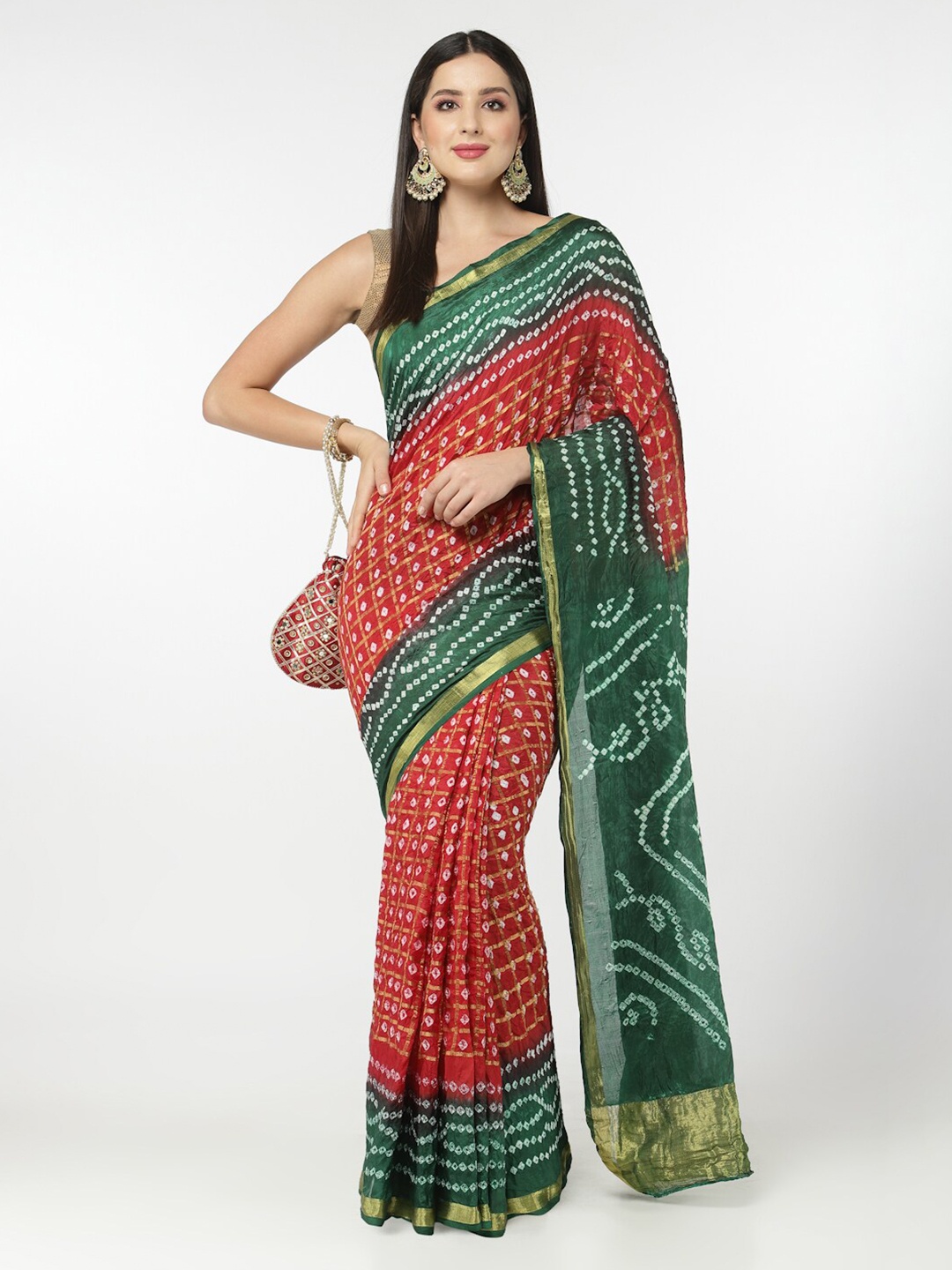 

Kishori Sarees Bandhani Printed Zari Pure Silk Saree, Red