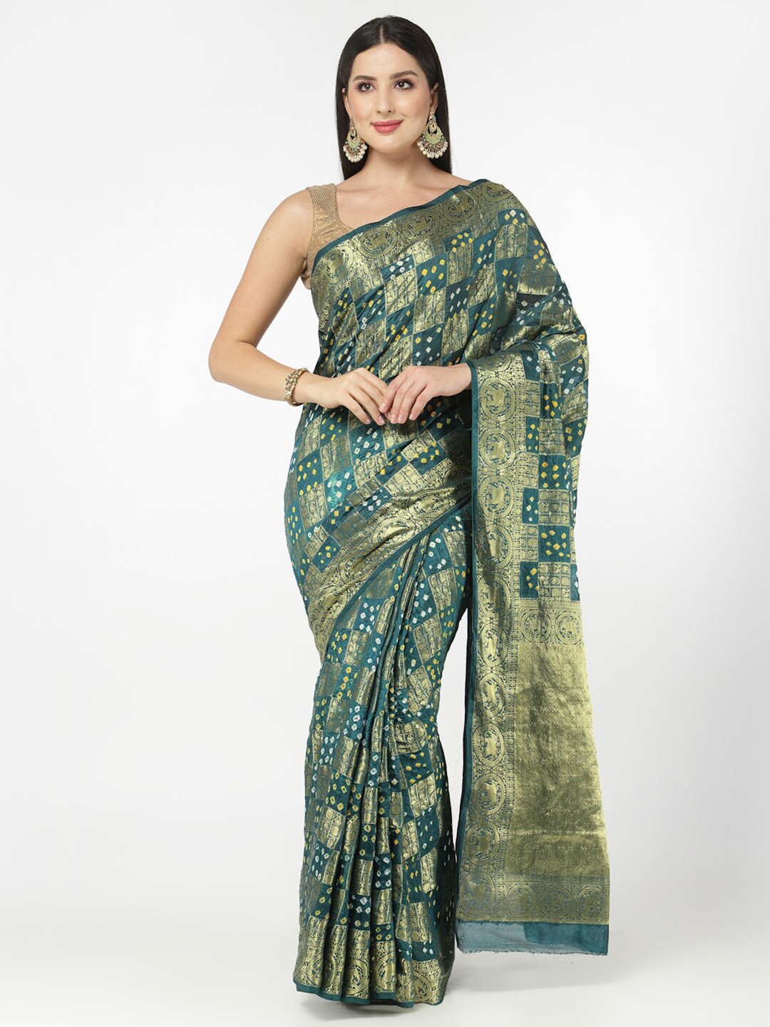 

Kishori Sarees Bandhani Woven Design Zari Pure Silk Saree, Green