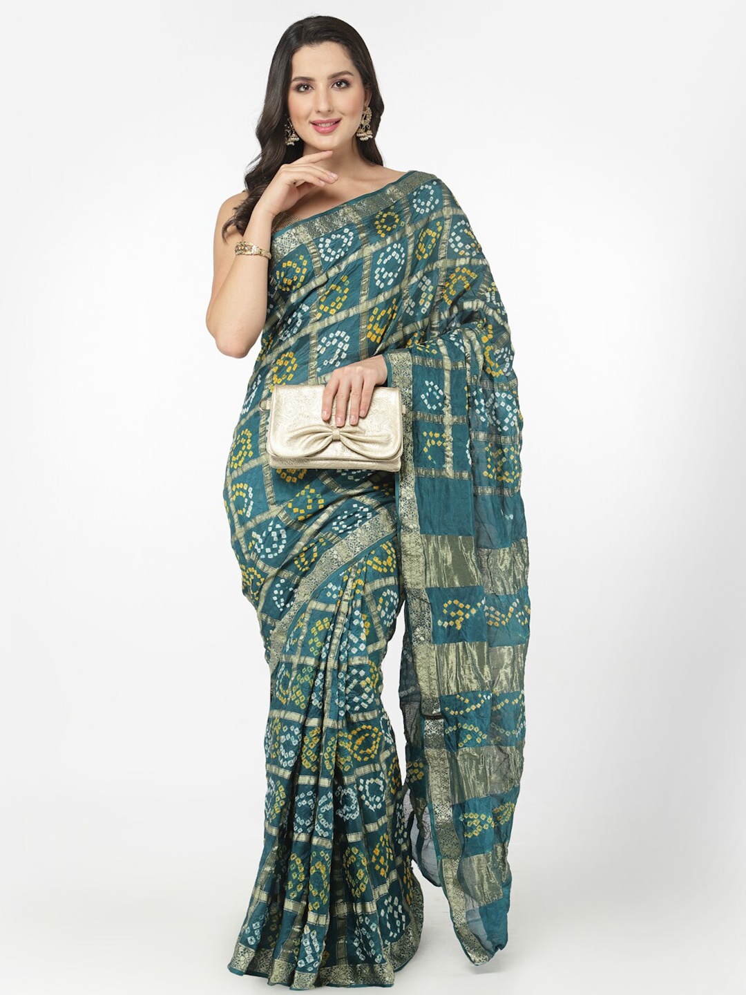 

Kishori Sarees Bandhani Printed Zari Pure Silk Saree, Green