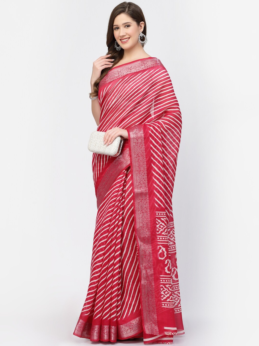 

Kishori Sarees Striped Woven Design Zari Pure Cotton Saree, Pink