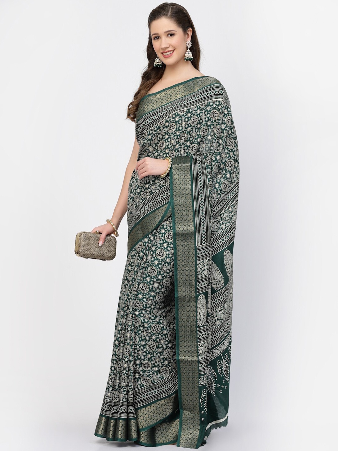 Kishori Sarees Floral Zari Pure Cotton Saree, Green