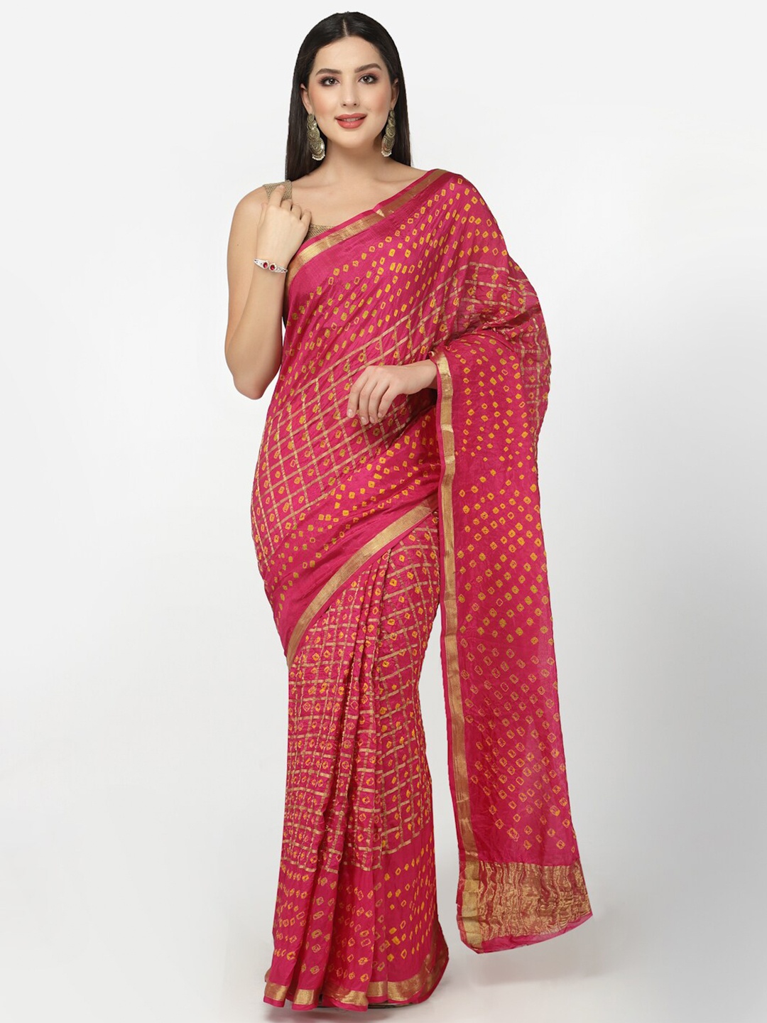 

Kishori Sarees Bandhani Zari Pure Silk Saree, Pink