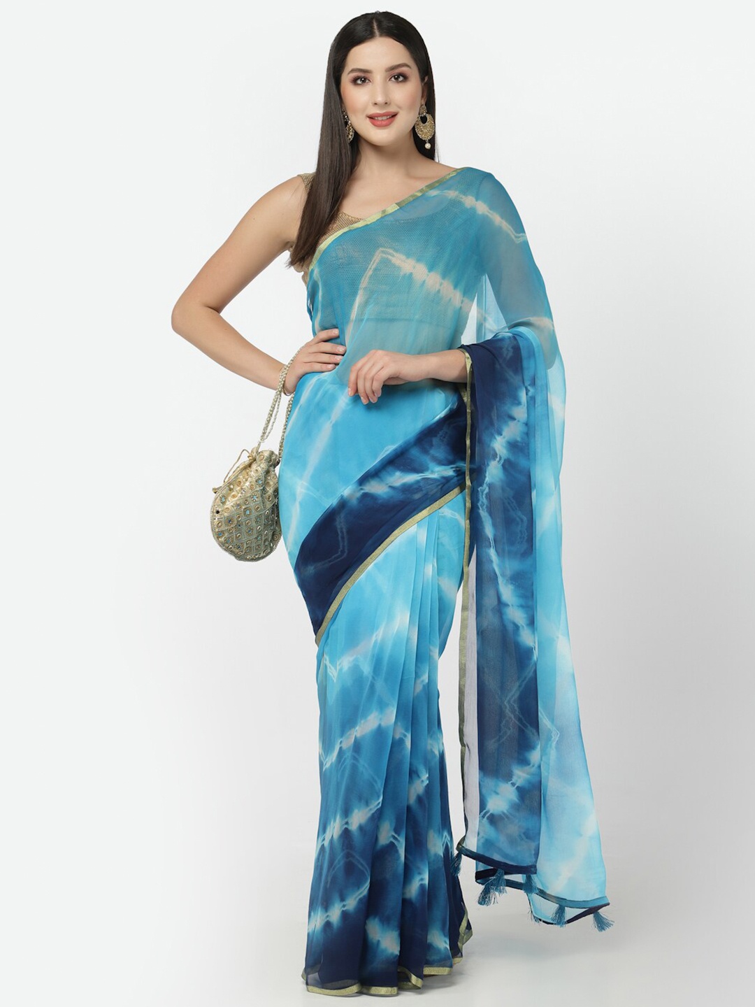 

Kishori Sarees Leheriya Printed Zari Pure Chiffon Saree, Blue