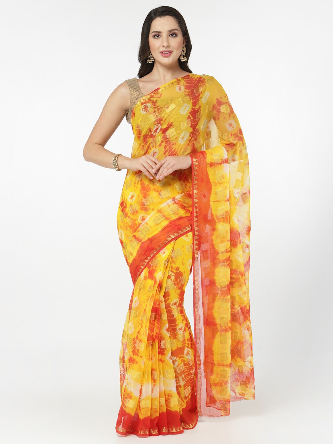 

Kishori Sarees Geometric Printed Woven Design Zari Pure Chiffon Saree, Yellow