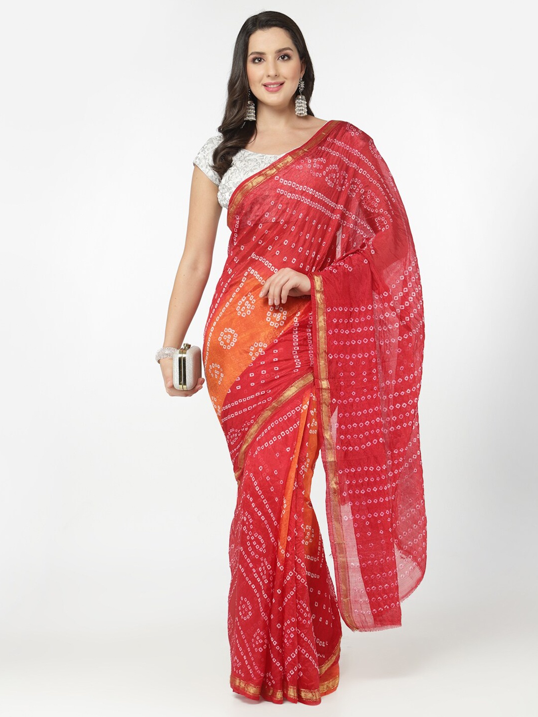 

Kishori Sarees Bandhani Printed Woven Design Zari Pure Silk Saree, Red