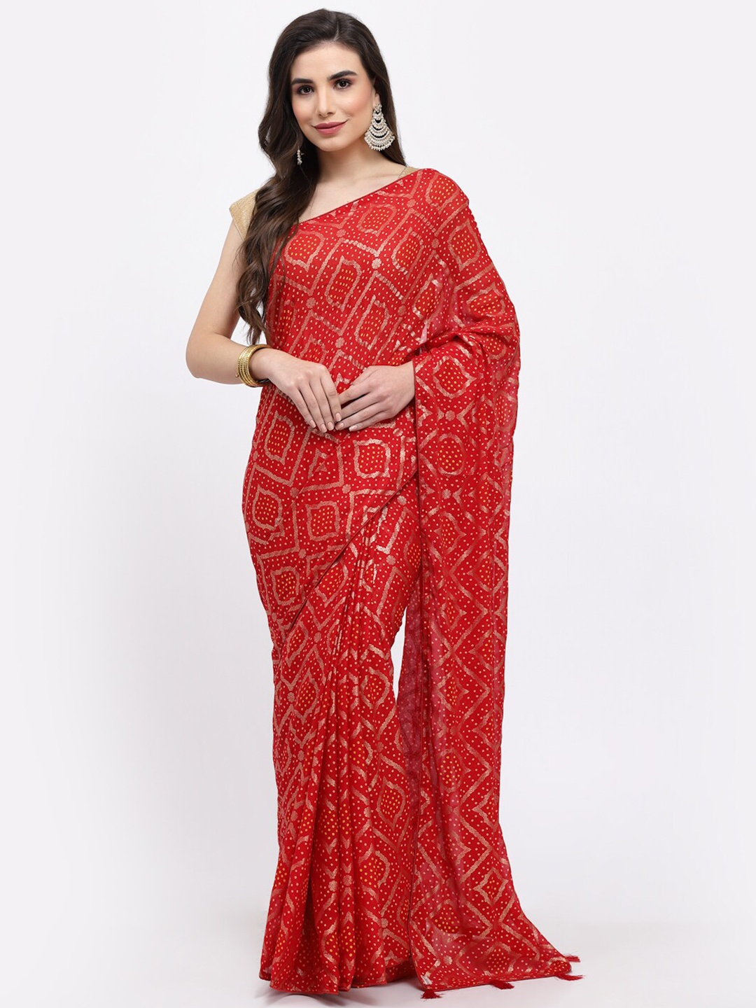 

Kishori Sarees Bandhani Printed Zari Pure Georgette Saree, Red