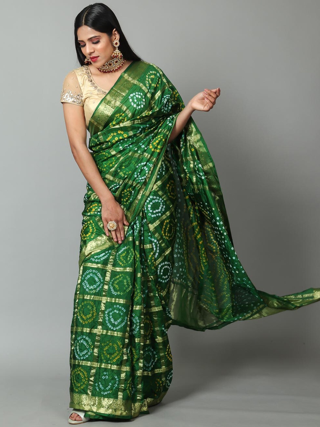 

Kishori Sarees Bandhani Printed Zari Pure Silk Saree, Green